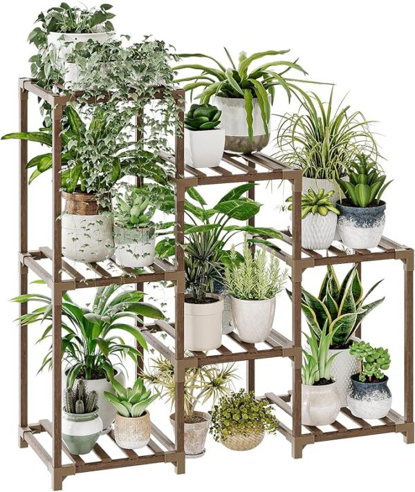 Bamworld Plant Stand Indoor Plant Shelf Outdoor Wood Plant Rack for Multiple Plants